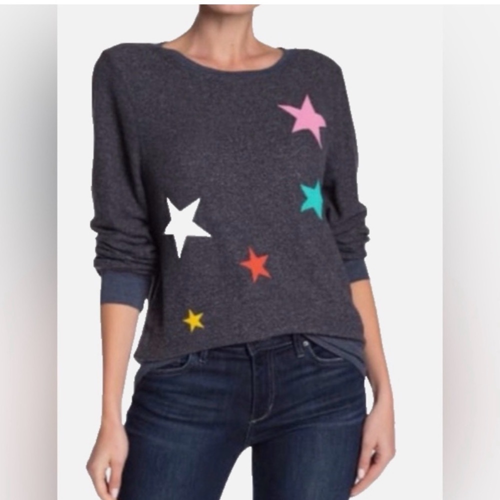 Wildfox Couture Scattered Star Patterned Navy Blue Long Sleeve Crew Sweater  XL - Picture 3 of 6